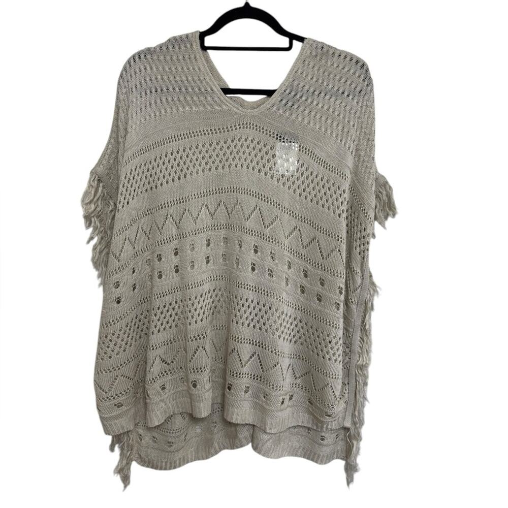 NEW Rue21 Boho Beachy Open Knit Fringe Poncho in Neutral Tan - Size S/M